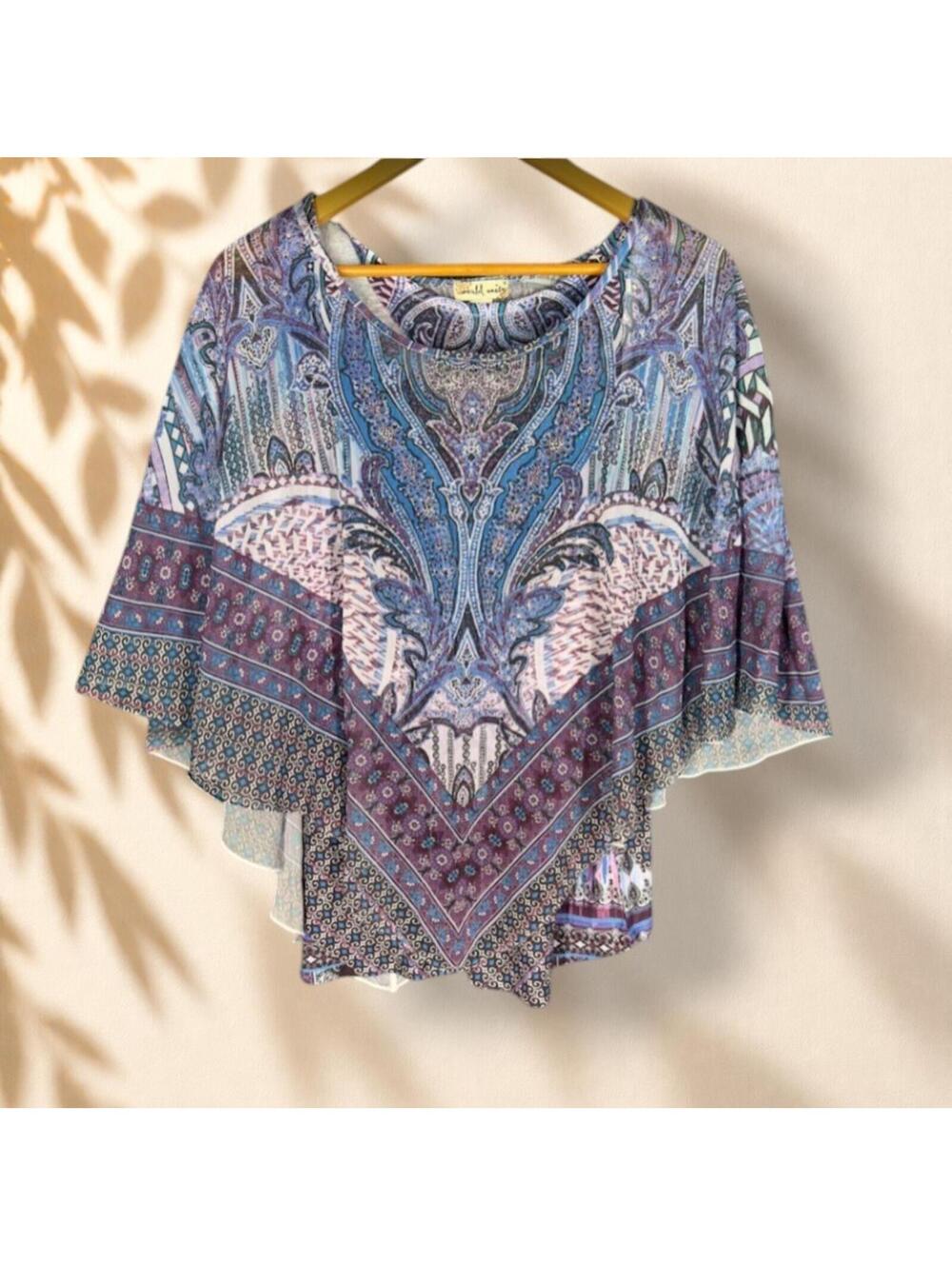World Unity Blouse Women XL Blue Geometric 3/4 Sleeve Round Neck Casual Pullover